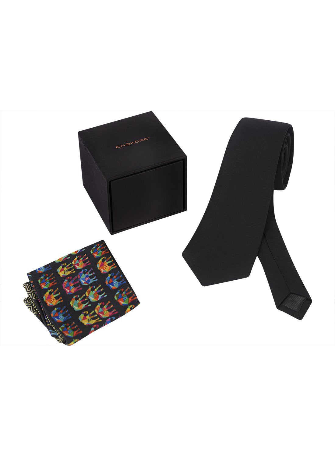Chokore Black color Plain Silk Tie & Multi-coloured Elephants silk pocket square set