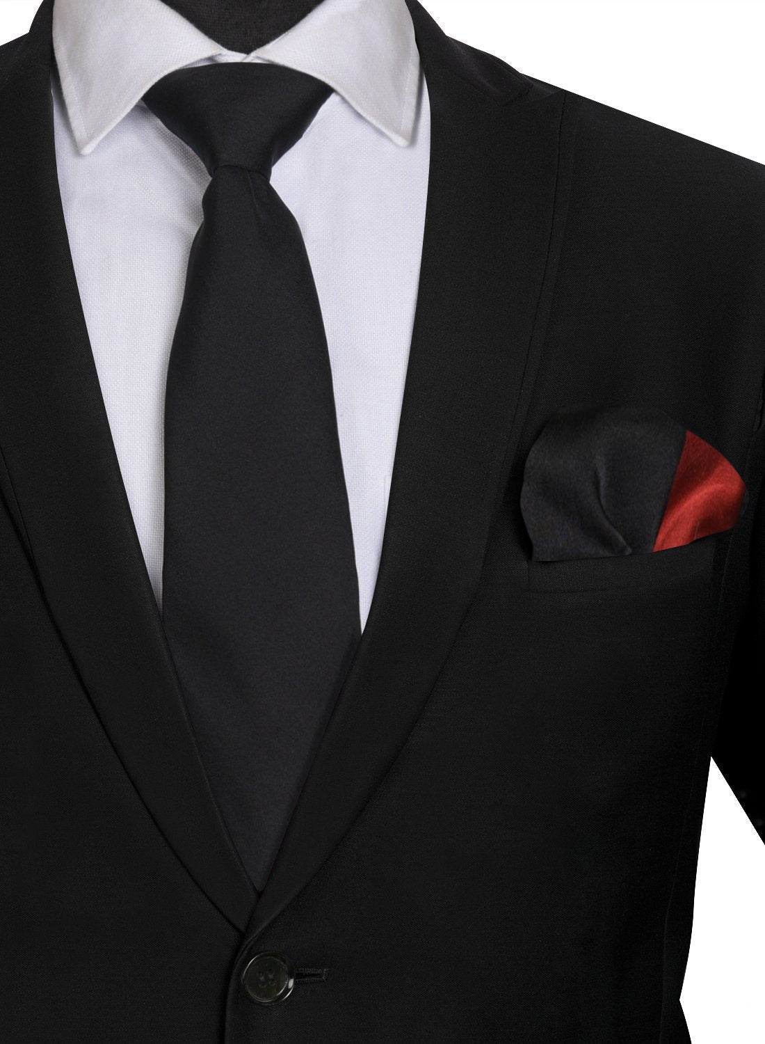 Chokore Black color Plain Silk Tie & Two-in-one Red & Black silk pocket square set