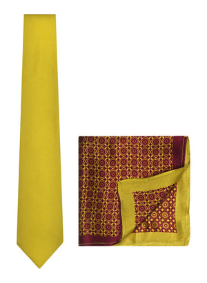 Chokore  Chokore Yellow color silk tie & Burgundy and Lemon Green Silk Pocket Square set 