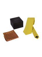 Chokore Chokore Yellow color silk tie & Burgundy and Lemon Green Silk Pocket Square set