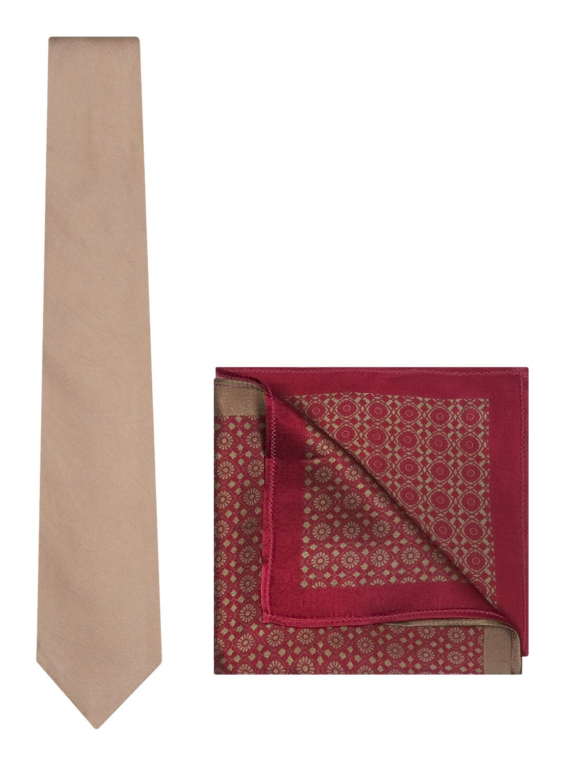 Chokore Beige color Plain Silk Tie & Wine Pink & Beige silk pocket square set