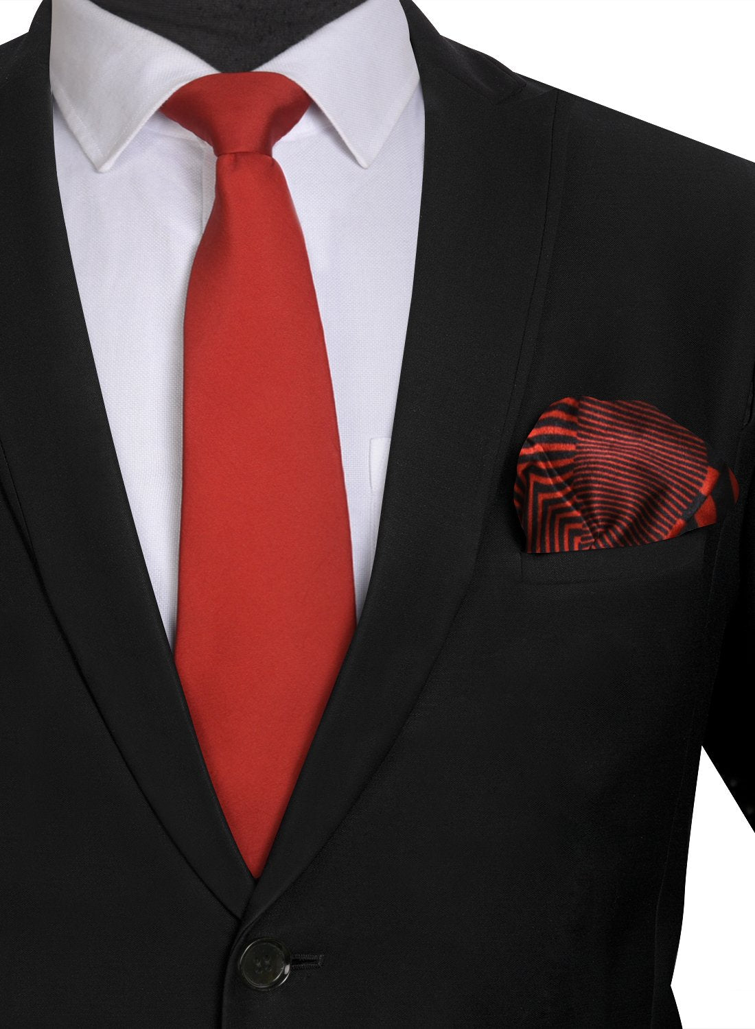 Chokore Red color Plain Silk Tie & Red & Black printed silk pocket square set