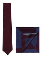 Chokore Chokore Burgundy color Plain Silk Tie & Two-in-one Burgundy & Blue Pure Satin Silk Pocket Square set