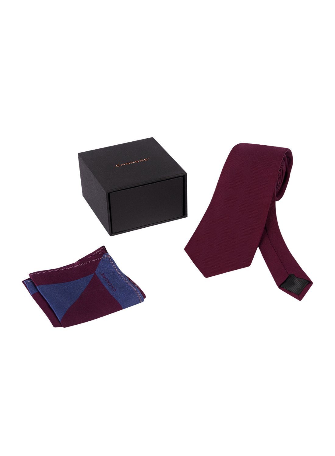Chokore Burgundy color Plain Silk Tie & Two-in-one Burgundy & Blue Pure Satin Silk Pocket Square set