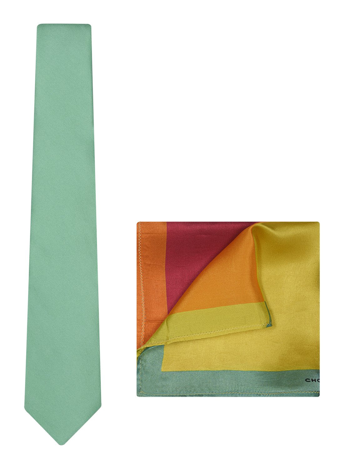 Chokore Sea Green color Silk Tie & Four-in-one Multicolor Silk Pocket Square set
