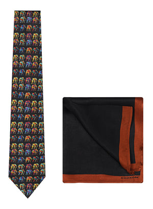 Chokore  Chokore Multi-colour Elephants Silk Tie - Wildlife range & Printed Pure Silk Pocket Square set 