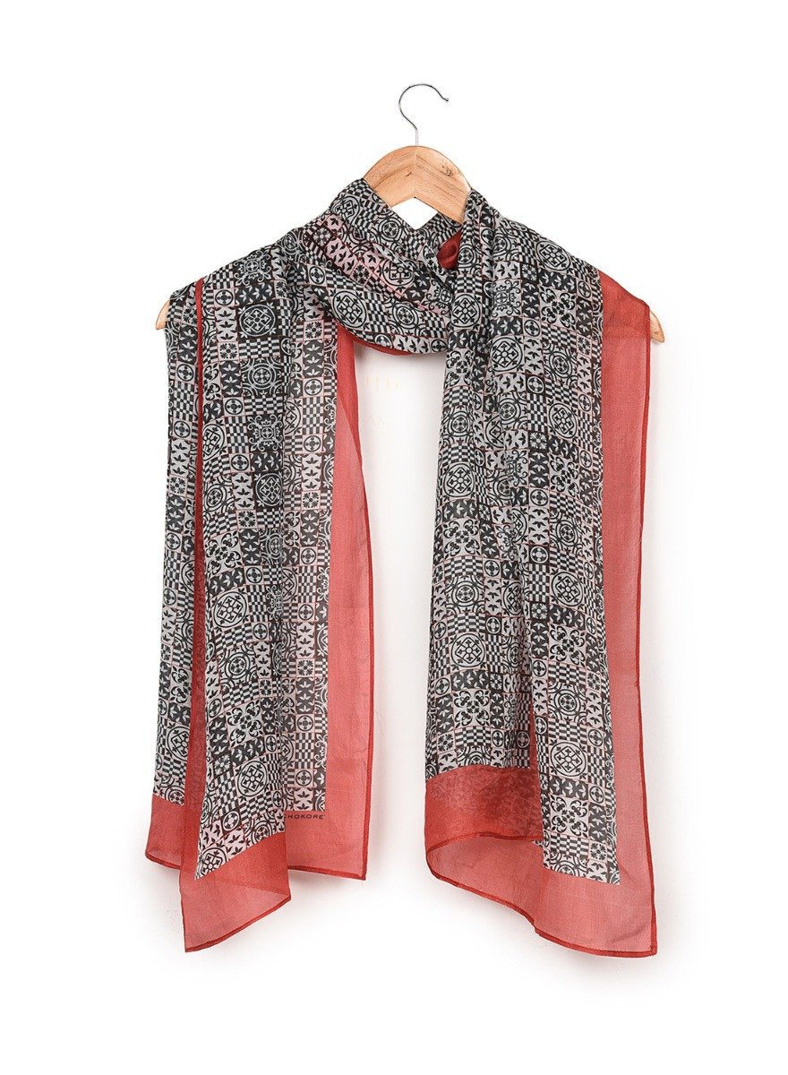 Printed White, Black & Red Silk Stole for Women