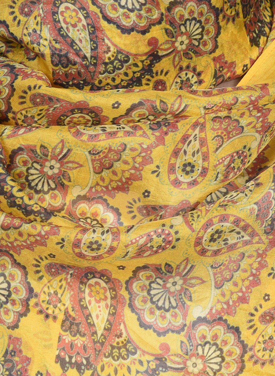 Printed Mustard Yellow & Rust Silk Stole for Women
