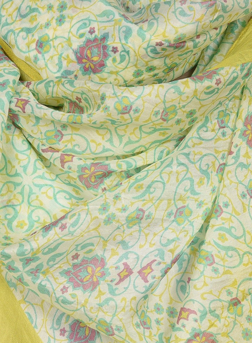 Printed Off White, Sea Green & Lemon Green Silk Stole for Women