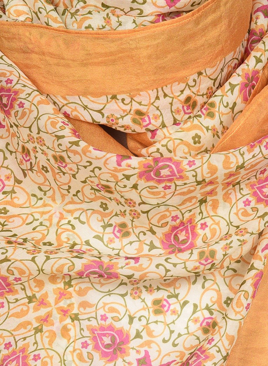 Printed Off White, Orange &Pink Silk Stole for Women