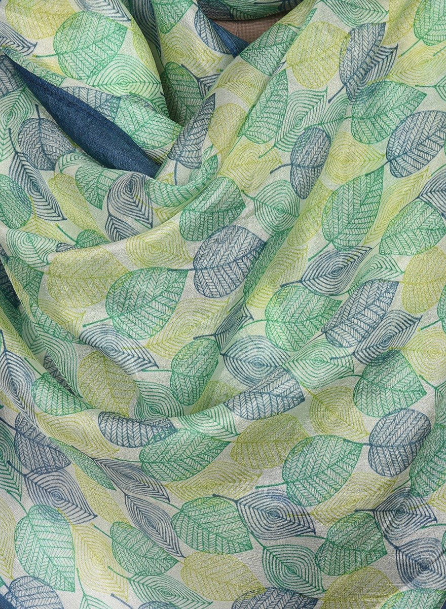 Printed Off White, Green and Blue Silk Stole for Women